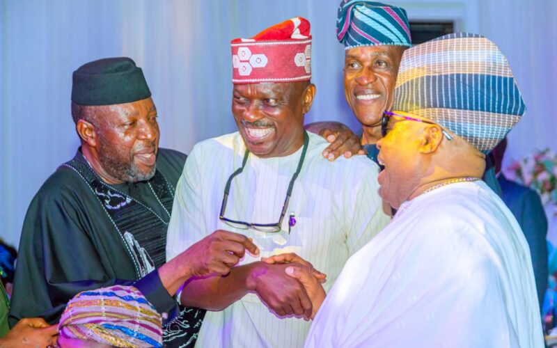 PHOTO NEWS: From the Middle: Otunba Bamidele Akingboye (OBA), Ondo PDP Governorship Aspirant; Senator Nurudeen Ademola Adeleke, Executive Governor of Osun State; Hon. Nekan Olateru-Olagbegi, OBA’s elder brother from Owo and Otunba Wale Kalejaiye in a cheerful mood at the wedding reception of former Ondo Governor, Dr. Olusegun Mimiko’s son’s wedding ceremony in Lagos during the week. Enjoy the pictures.